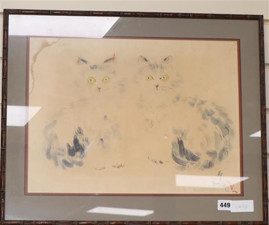 Asian School, watercolour and ink, Study of two cats, indistinctly signed and dated 1937 33 x 45cm